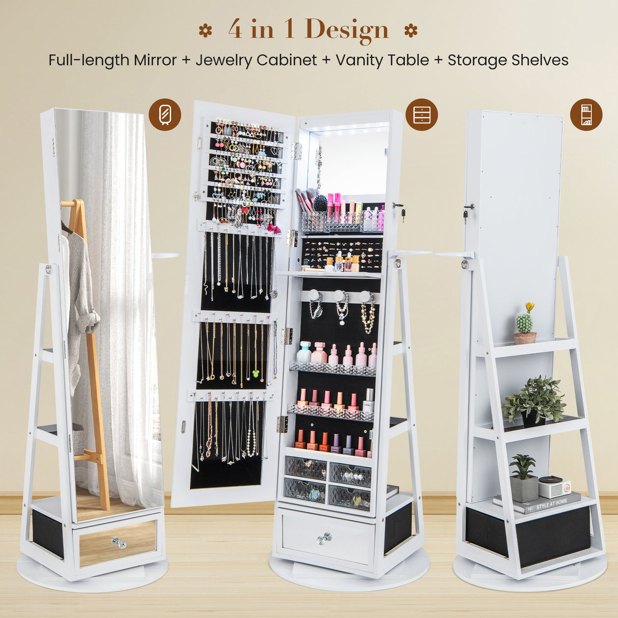Lockable 360 ° Swivel Jewelry Cabinet with Full-Length Mirror LED Lights-White
