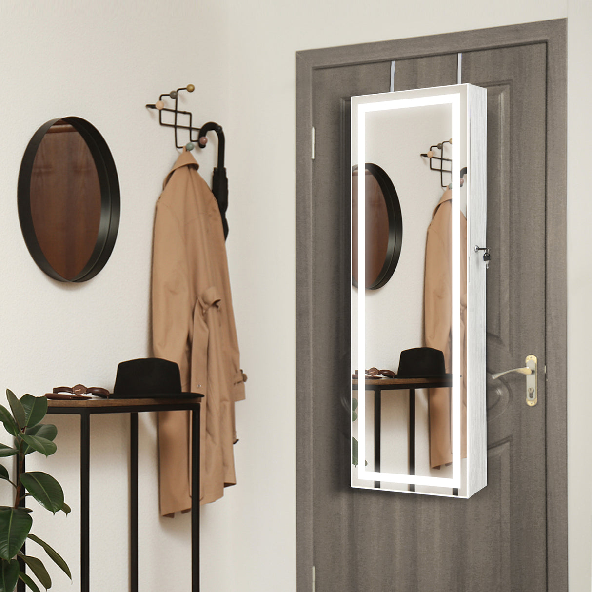 Mirrored Jewelry Armoire with Full Length Mirror and 2 Internal LED Lights-Black