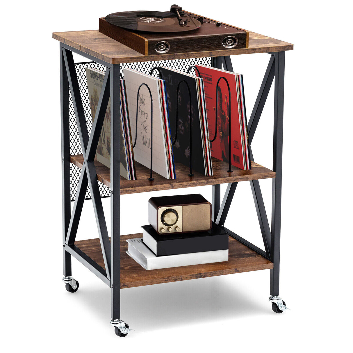 3 Tiers Vintage Style Rolling End Table with 3 Dividers for Albums-Brown
