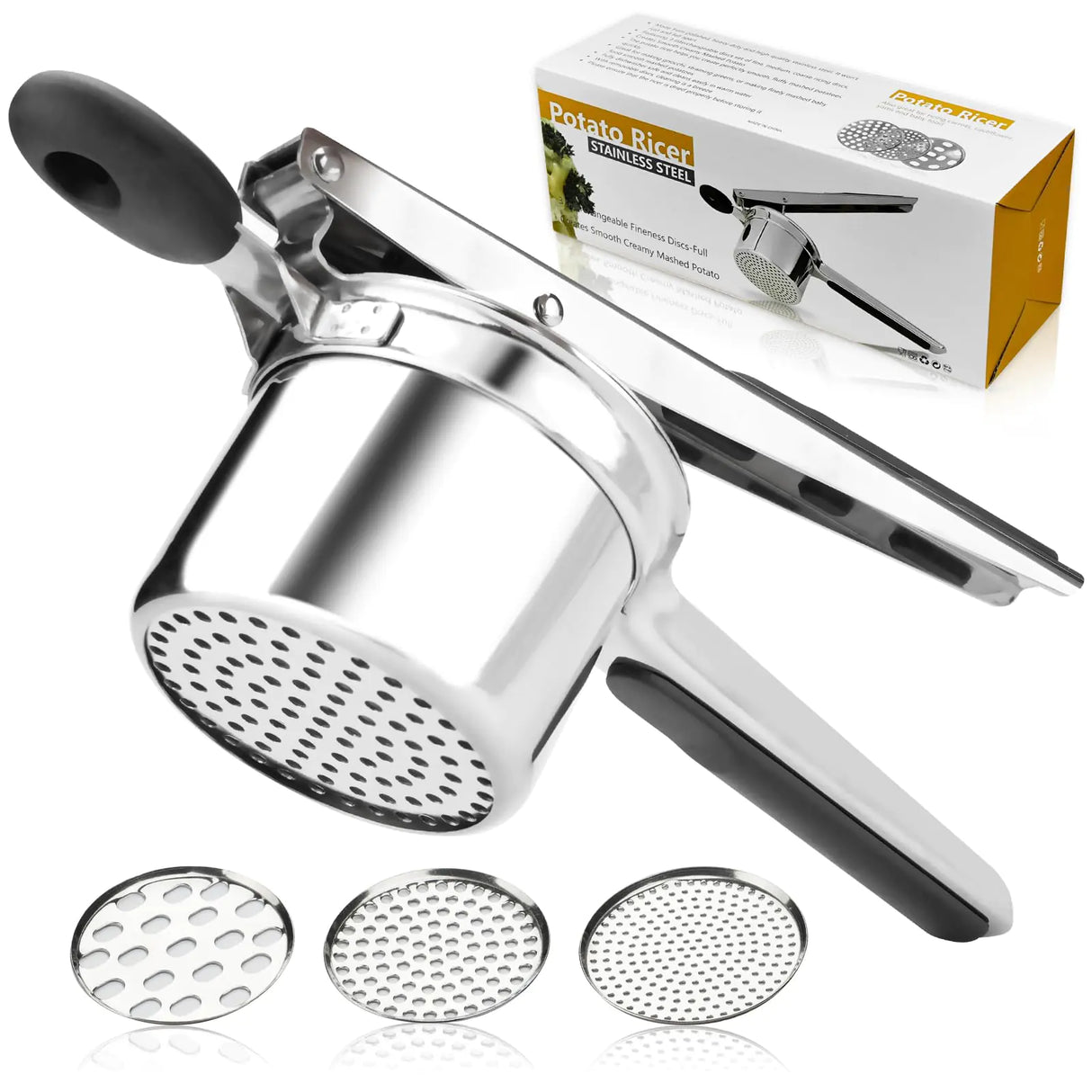 Potato Ricer 3 Interchangeable Discs Heavy Duty Potato Masher and Ricer Kitchen ToolStainless Steel Potato Shredder for Smooth and Fluffy Mashed Potatoes Puree Fruit Juice