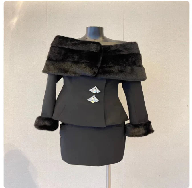Off-Shoulder Faux Fur Coat & Skirt Set