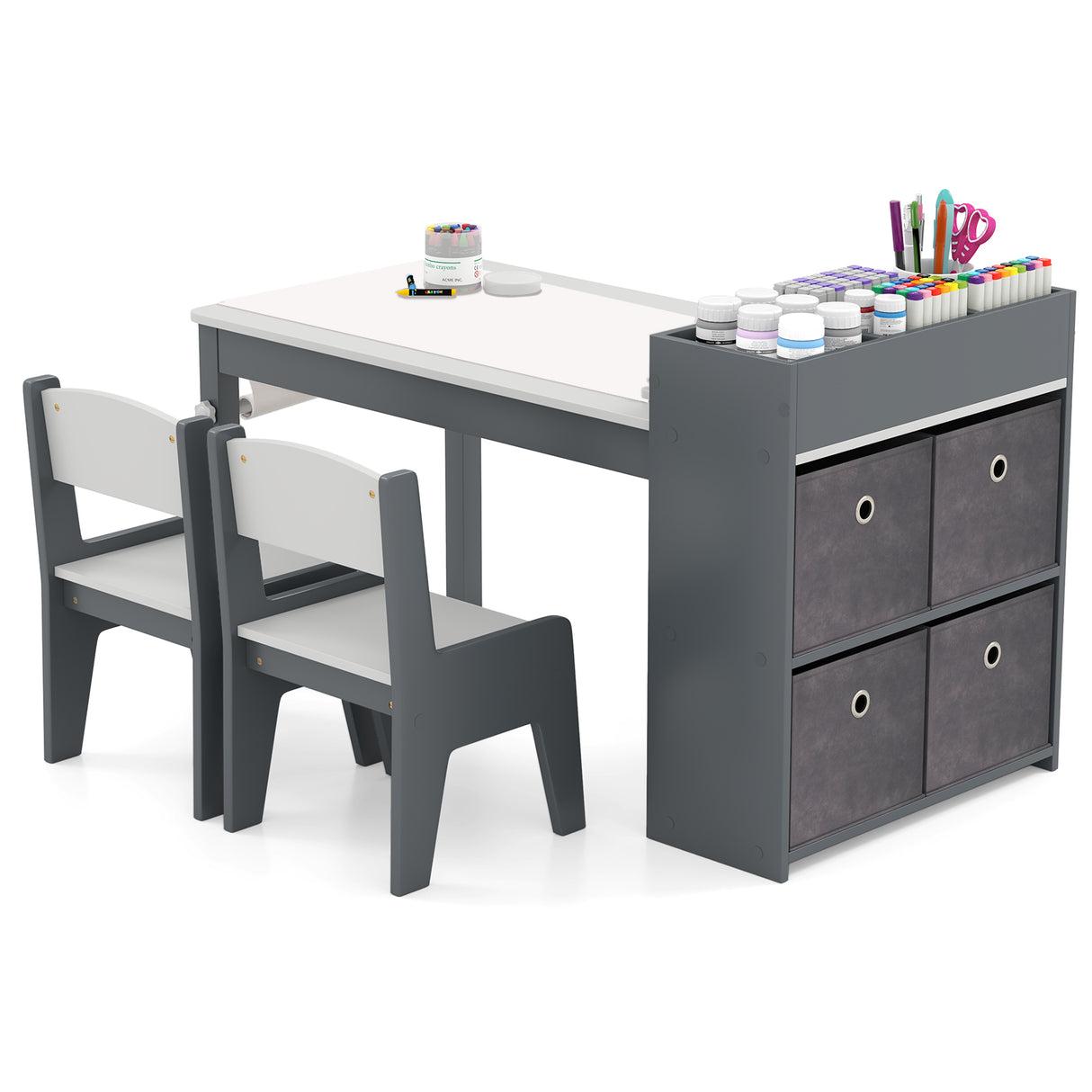 Kids Art Table and Chairs Set with 2 Chairs and Paper Roll-Gray