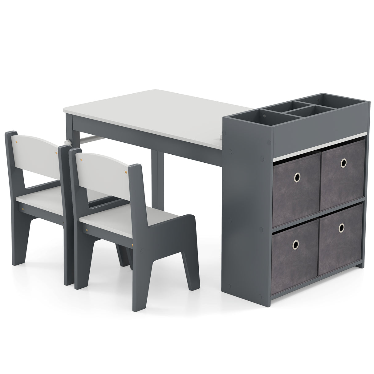 Kids Art Table and Chairs Set with 2 Chairs and Paper Roll-Gray