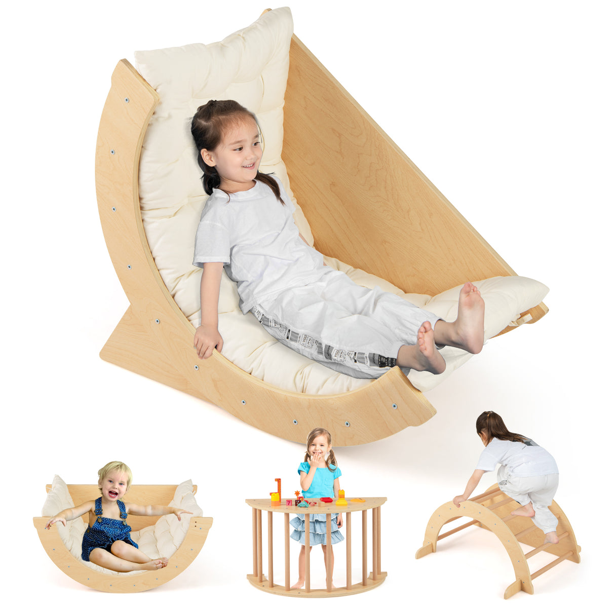 Kids Climbing Arch with Cushion Montessori Arch Climber/Rocker for Toddlers-Beige