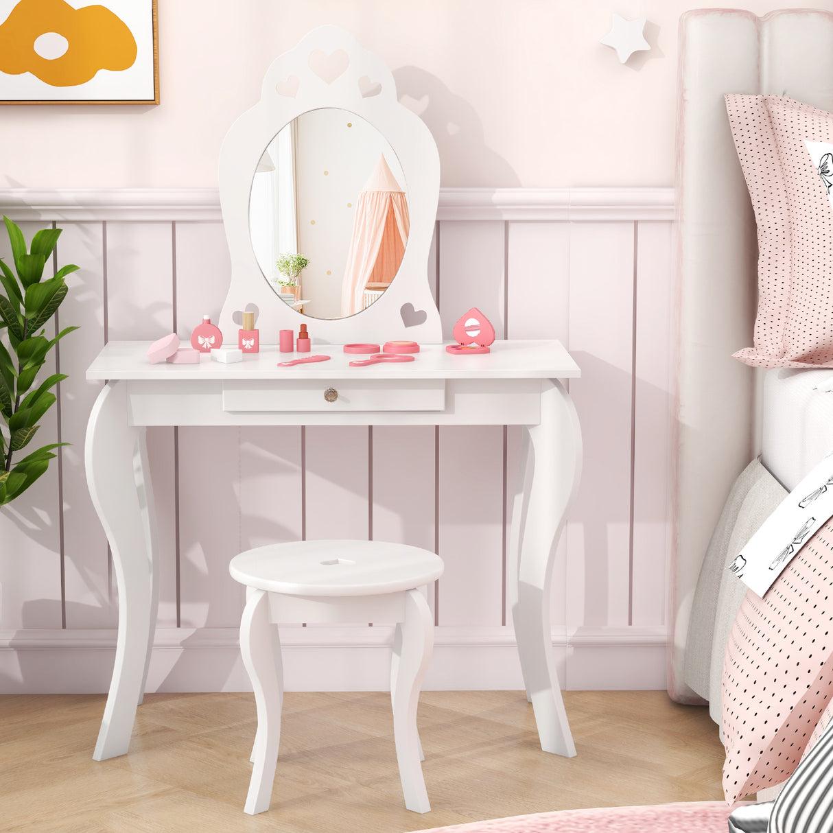 Kids Princess Makeup Dressing Play Table Set with Mirror-Off White