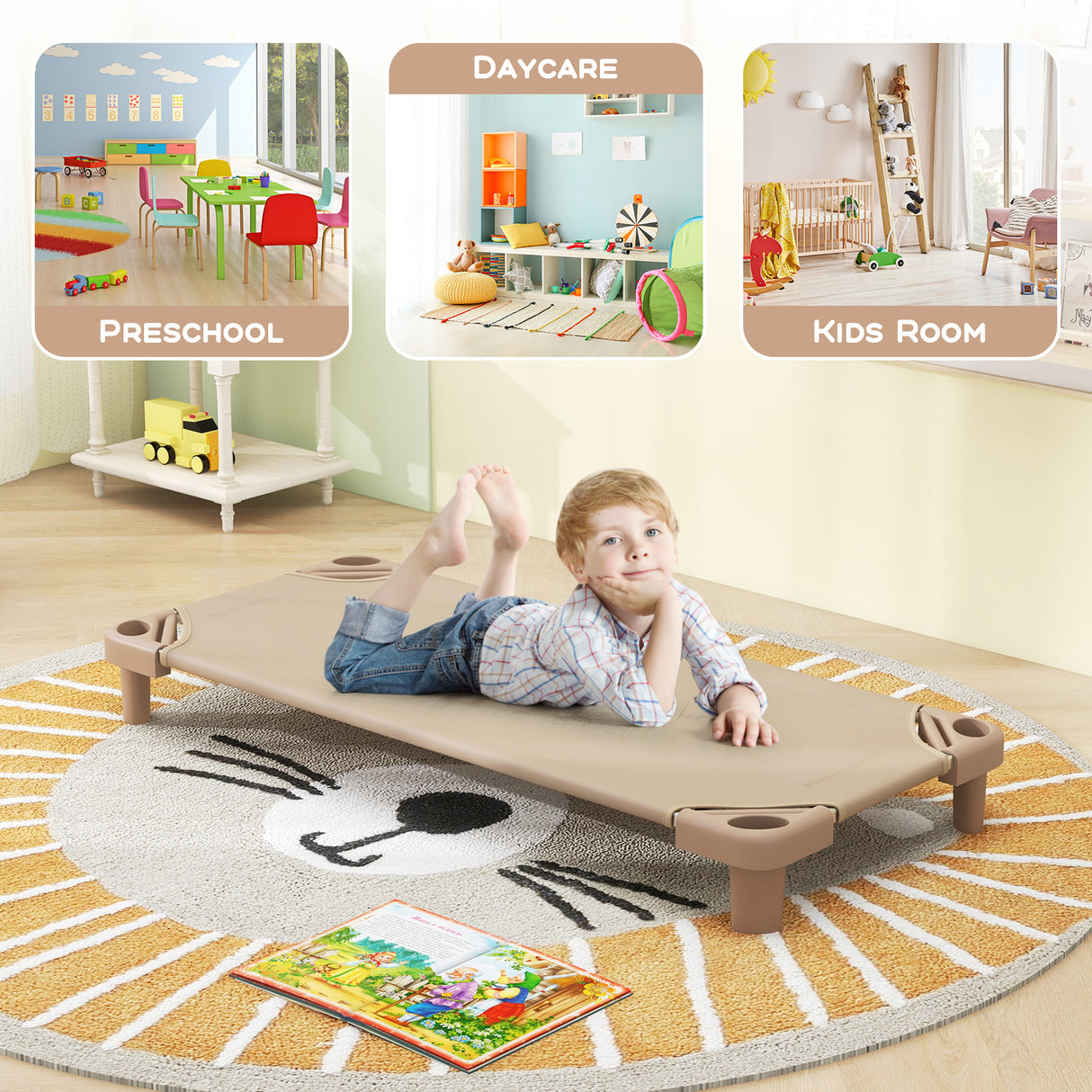 Kids Stackable Daycare Cot Pack of 6 with Detachable Oxford Cloth-Beige