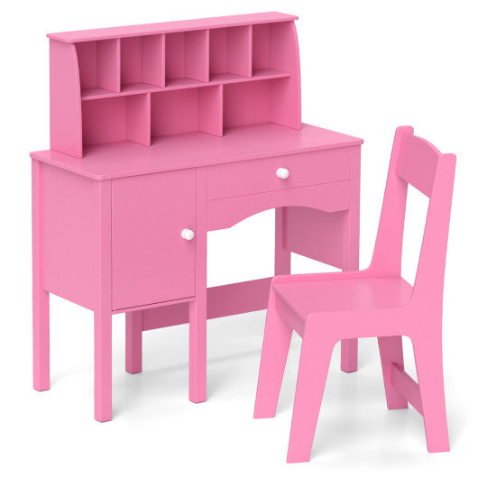 Kids Study Desk and Chair Set with Chair Hutch and Storage Cabinet for 3+ Years Old-Pink