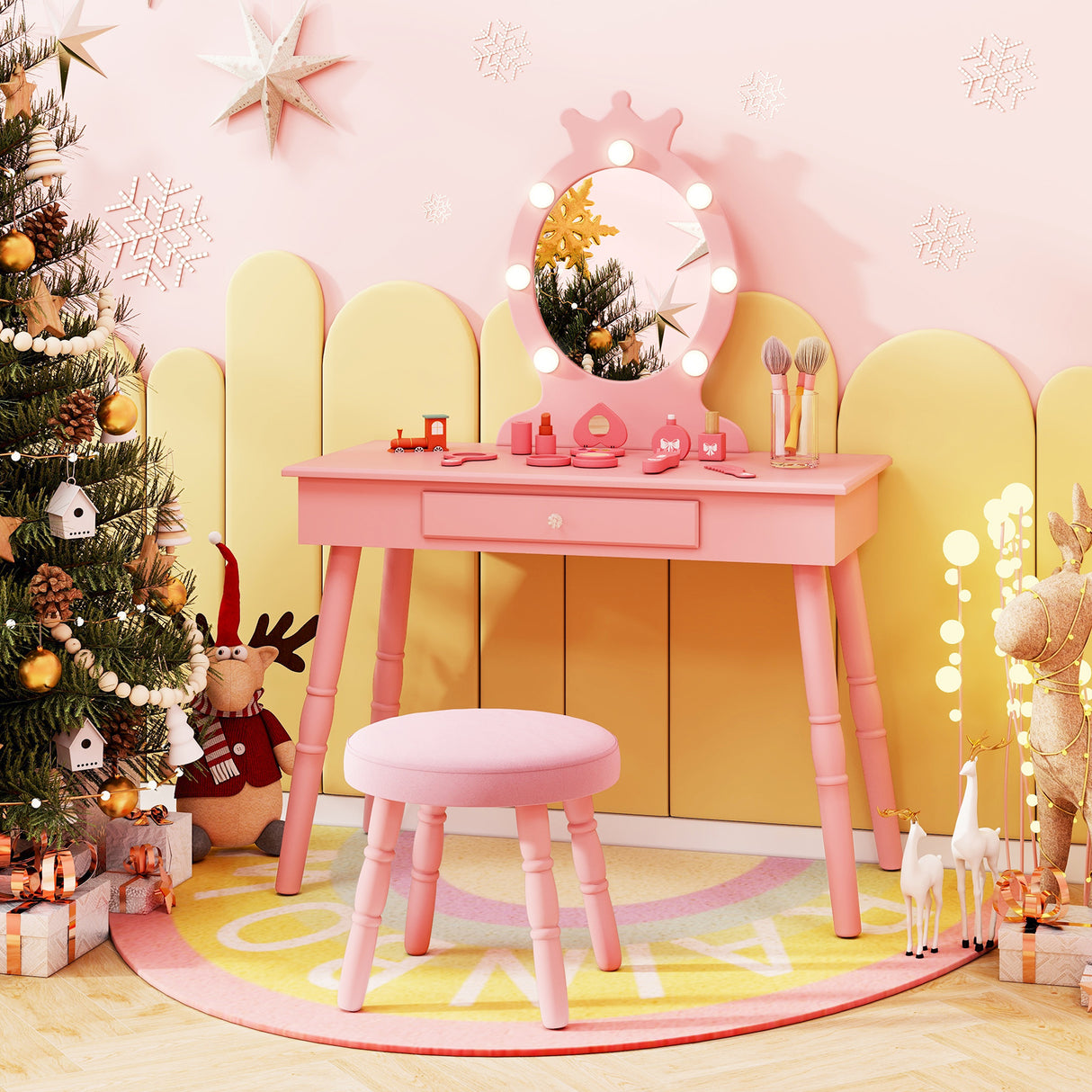 Kids Vanity Set with Lighted Mirror with Adjustable Brightness and Large Drawer-Pink