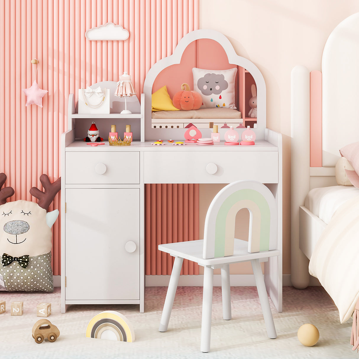 Kids Vanity Table and Chair Set with Cloud-shaped Mirror and Open Shelf-White