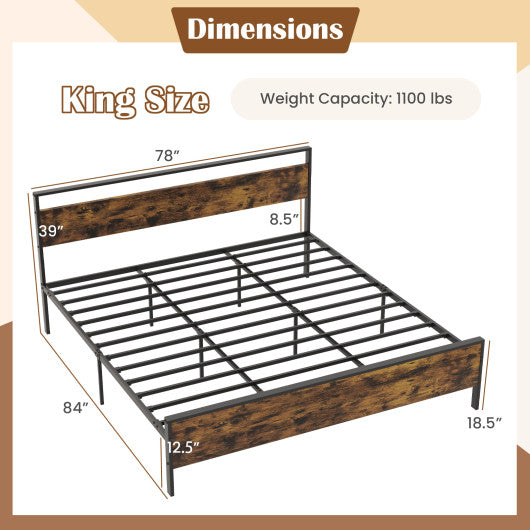 King Metal Bed Frame Industrial Platform Bed with Wooden Headboard-King Size