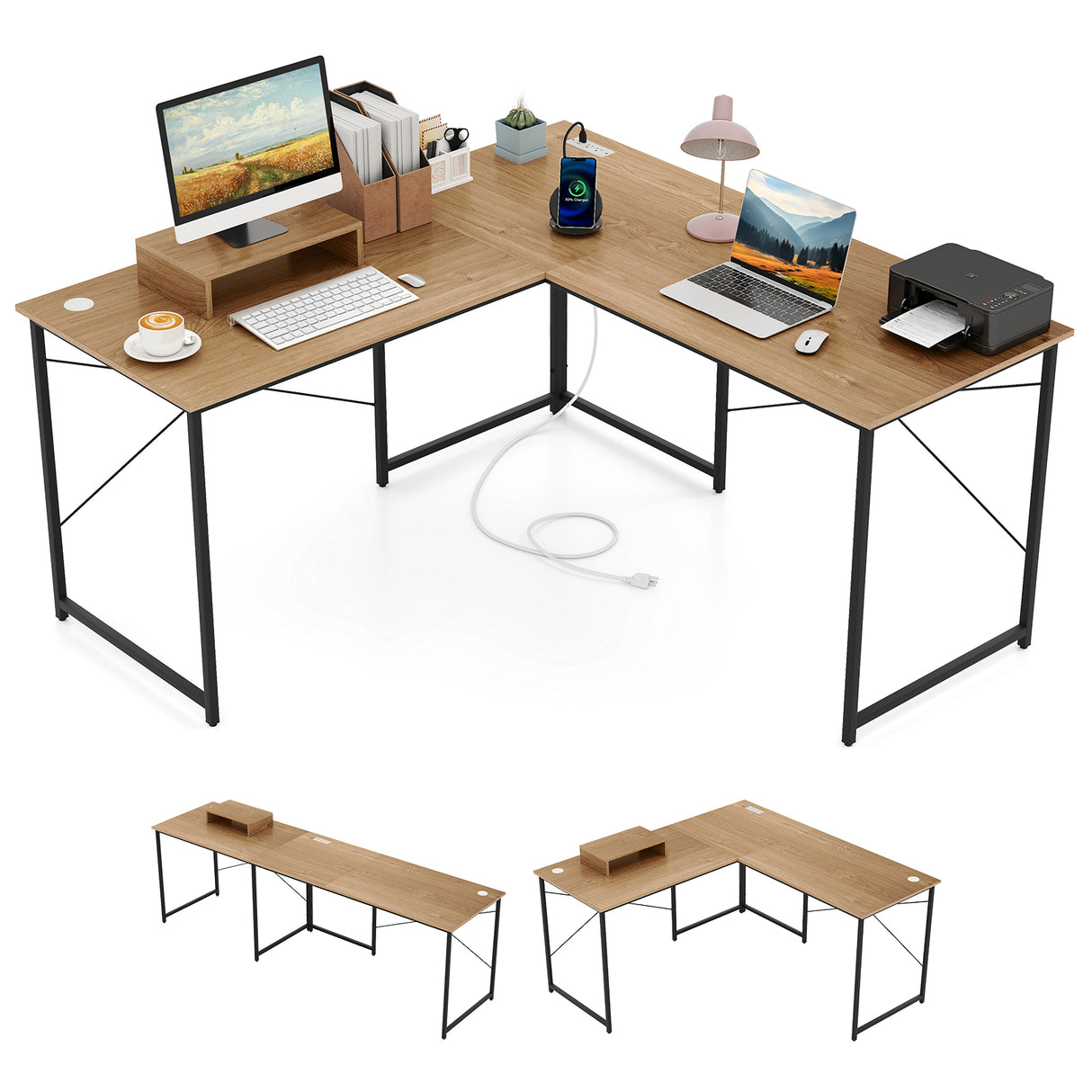 95 Inch 2-Person L-Shaped Long Reversible Computer Desk with Monitor Stand-Rustic Brown