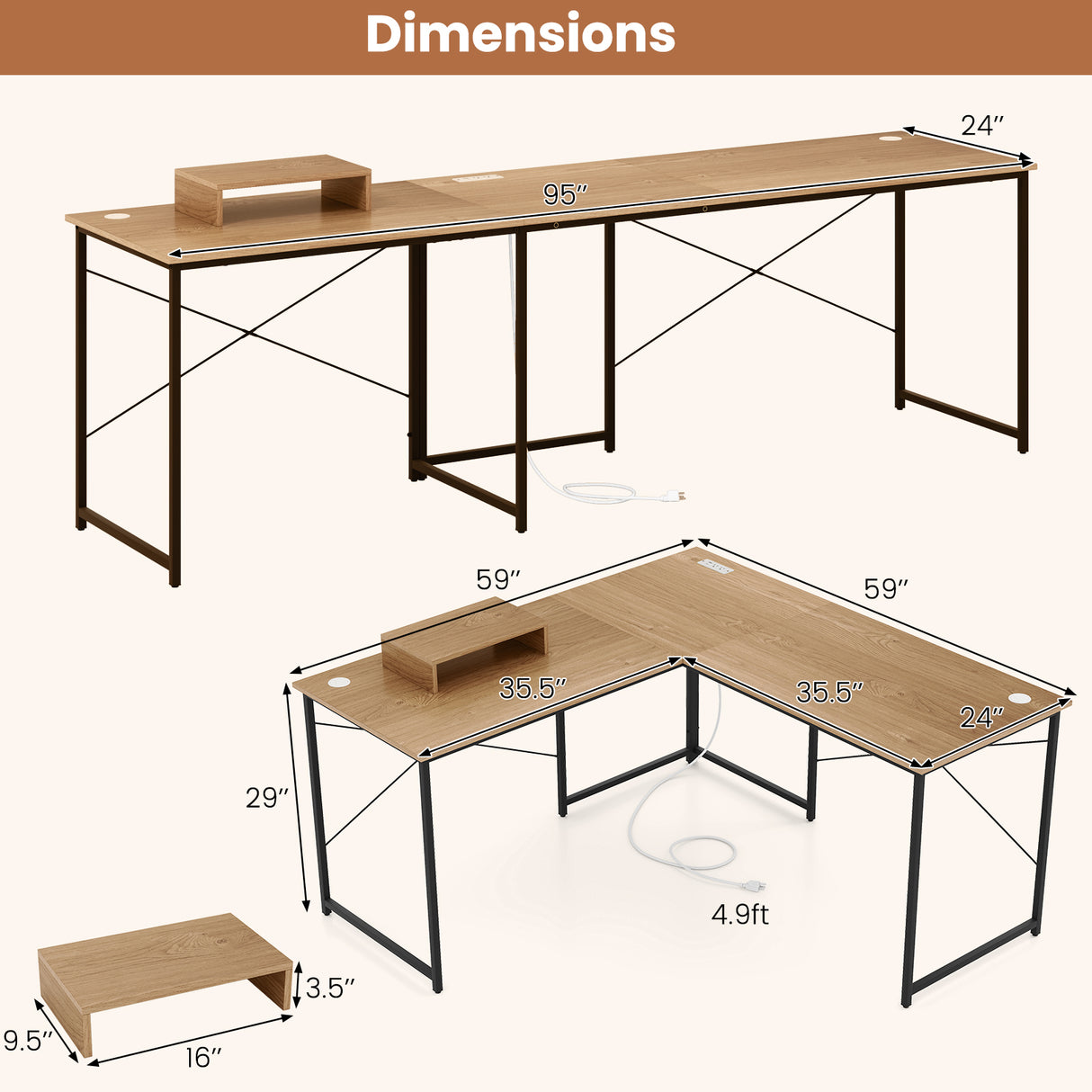 95 Inch 2-Person L-Shaped Long Reversible Computer Desk with Monitor Stand-Rustic Brown