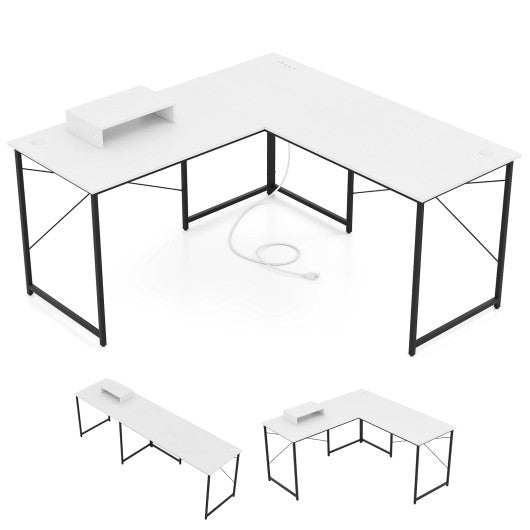 L-Shaped Computer Desk with Power Outlets and Monitor Shelf-White