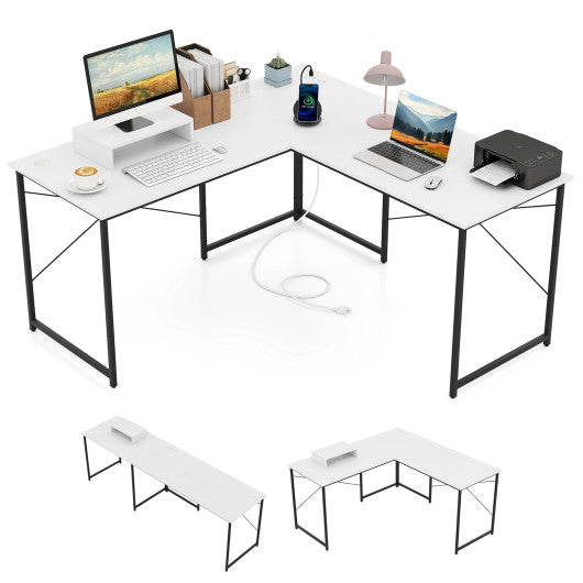 L-Shaped Computer Desk with Power Outlets and Monitor Shelf-White