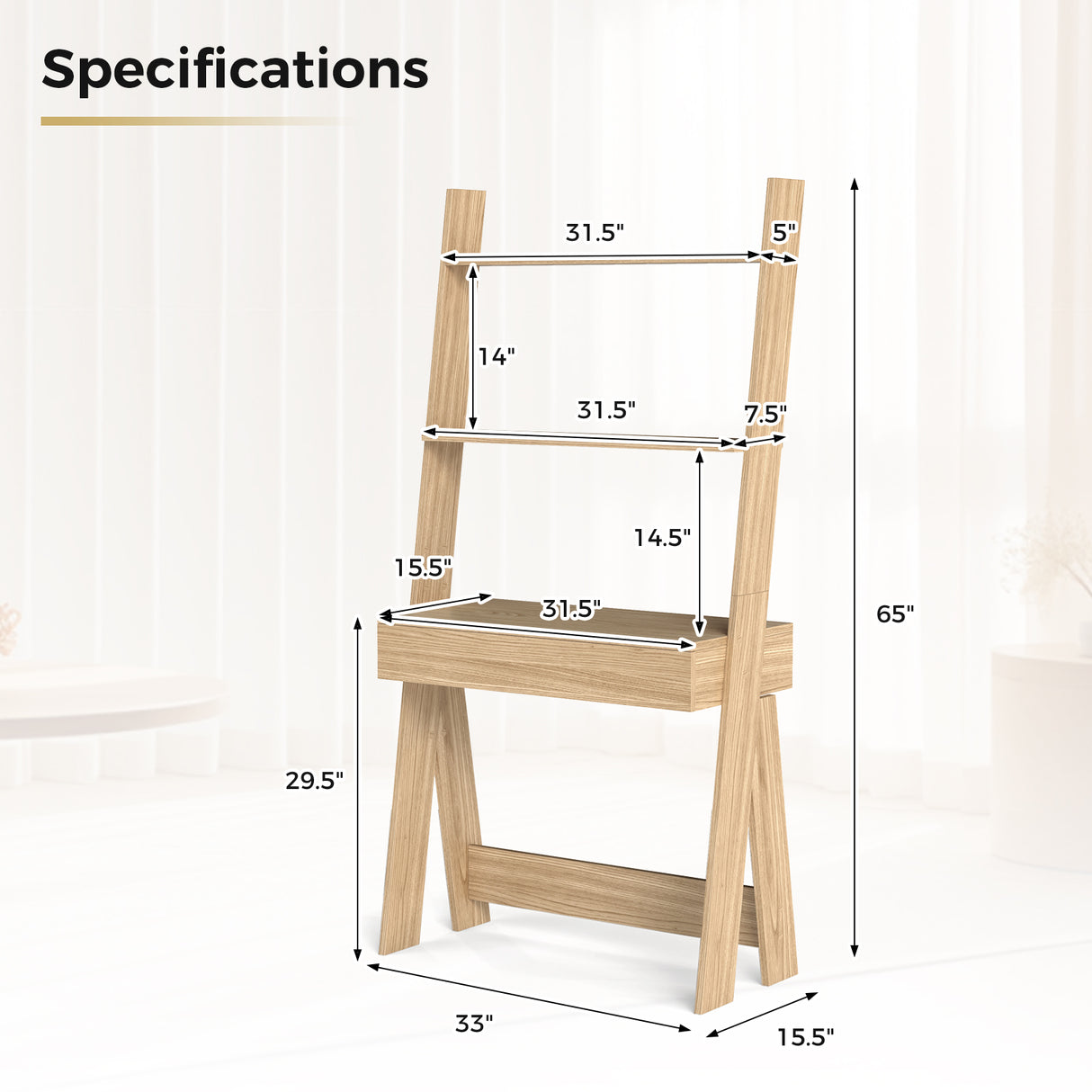 Ladder Shelf Desk Bookcase with Countertop Drawer and 2 Shelves-Natural