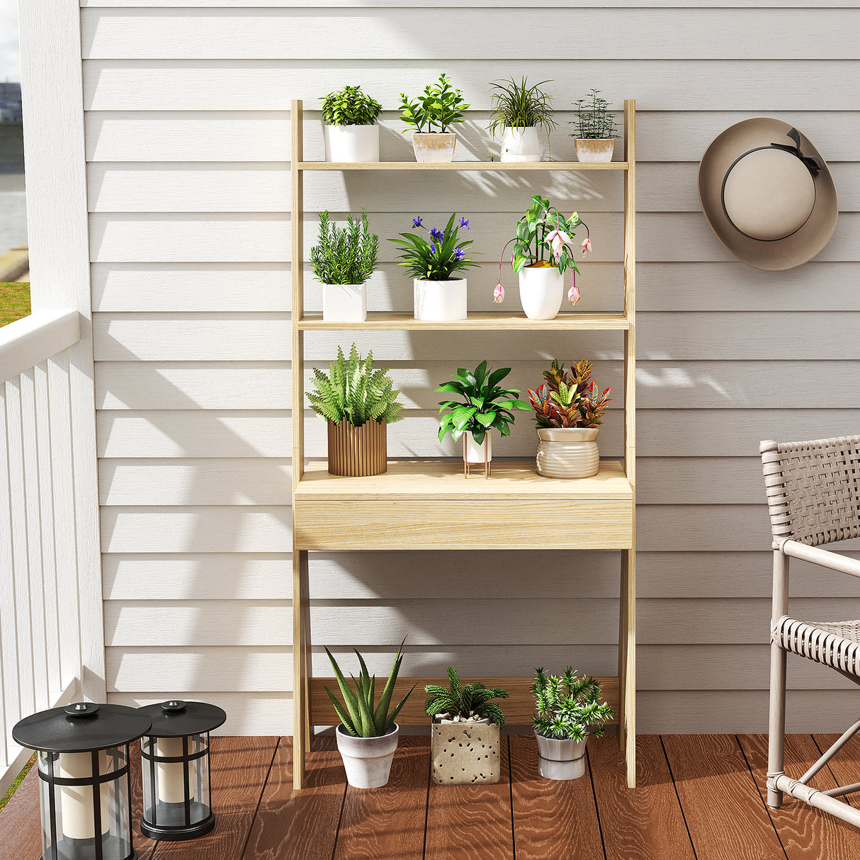 Ladder Shelf Desk Bookcase with Countertop Drawer and 2 Shelves-Natural