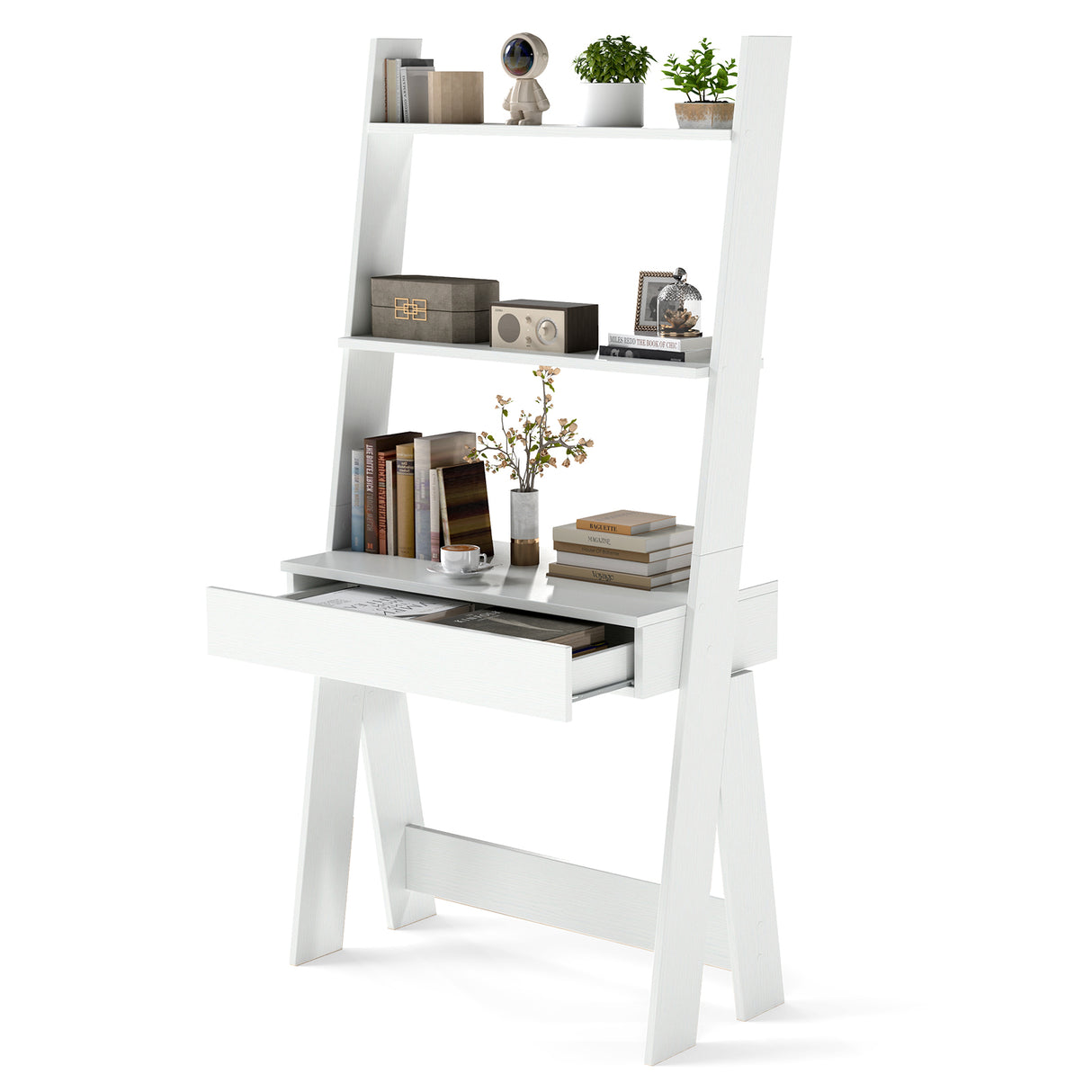 Ladder Shelf Desk with Countertop Drawer and Anti-Toppling Device-Oak