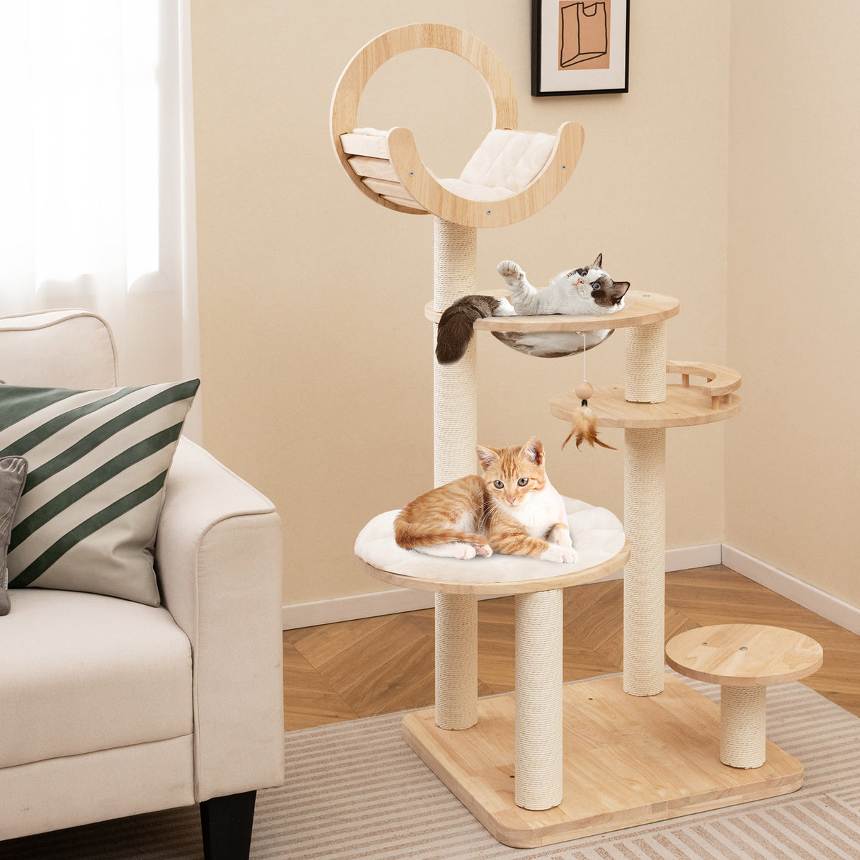 4-in-1 Large Wooden Cat Tower with Space Capsule Nest for Indoor Cats