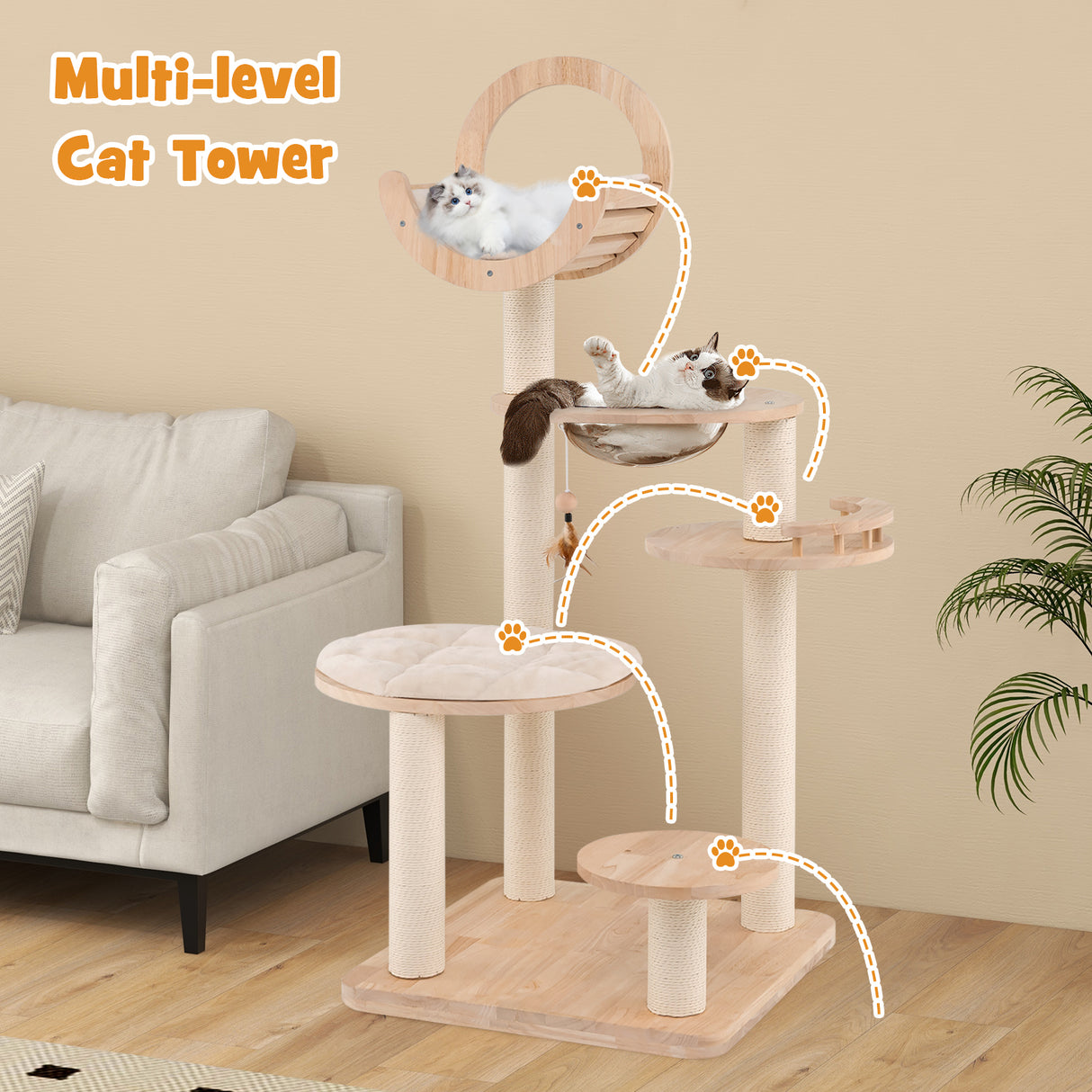 4-in-1 Large Wooden Cat Tower with Space Capsule Nest for Indoor Cats