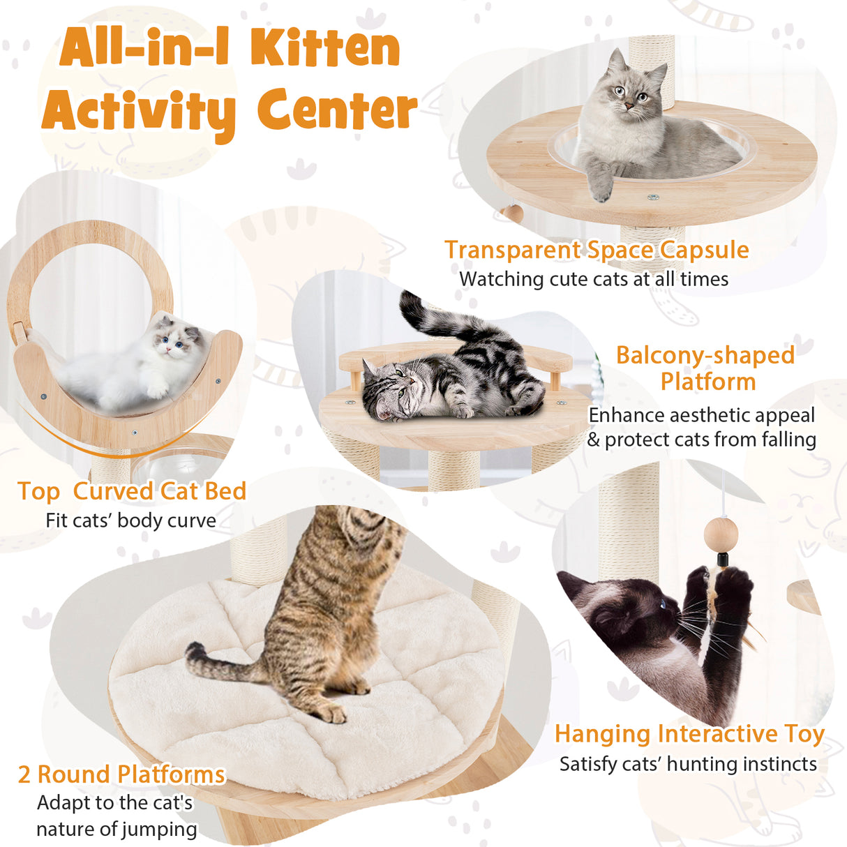 4-in-1 Large Wooden Cat Tower with Space Capsule Nest for Indoor Cats
