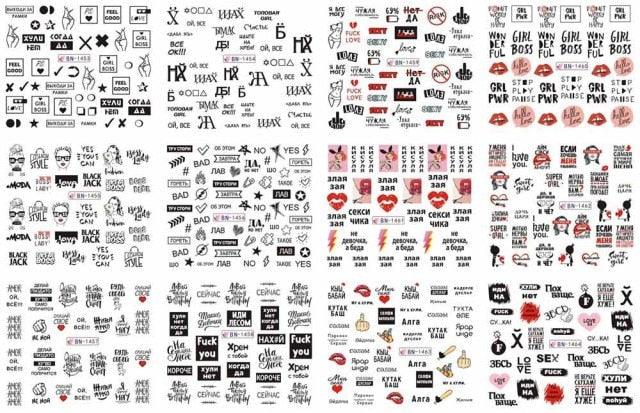 Letter Nail Water Decals With Inscriptions Sexy Girl Black White Tattoo Slider English Alphabet Nail Decals Adhesive Letter 3D Nail Art Stickers for Women Girls Nail Decoration Manicure for Women Decorations Birthday Party Favor Gift