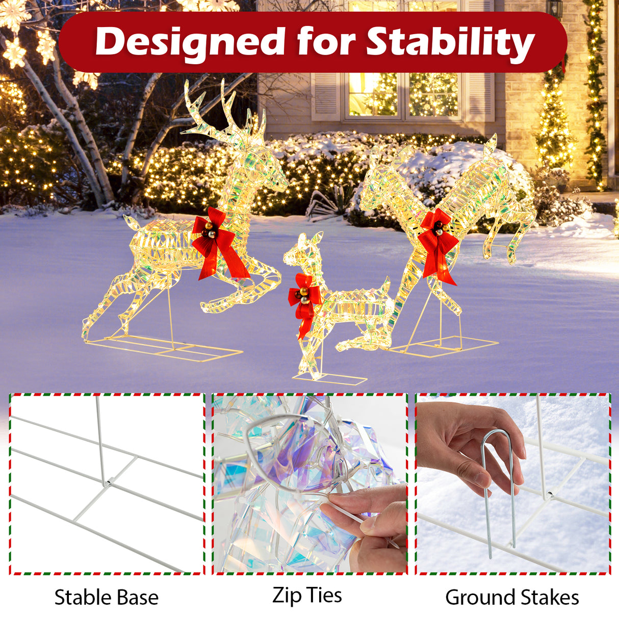 3-Piece Lighted Christmas Reindeer Family with LED Lights and Bows