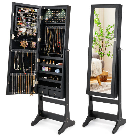 Lockable Freestanding Jewelry Cabinet Armoire with Full-Length Mirror and Lights-Black