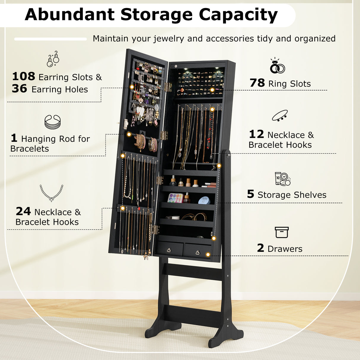 Lockable Freestanding Jewelry Cabinet Armoire with Full-Length Mirror and Lights-Black