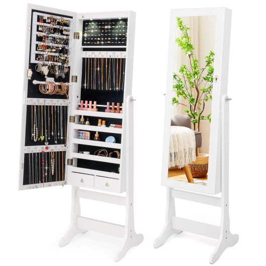Lockable Freestanding Jewelry Cabinet Armoire with Full-Length Mirror and Lights-White