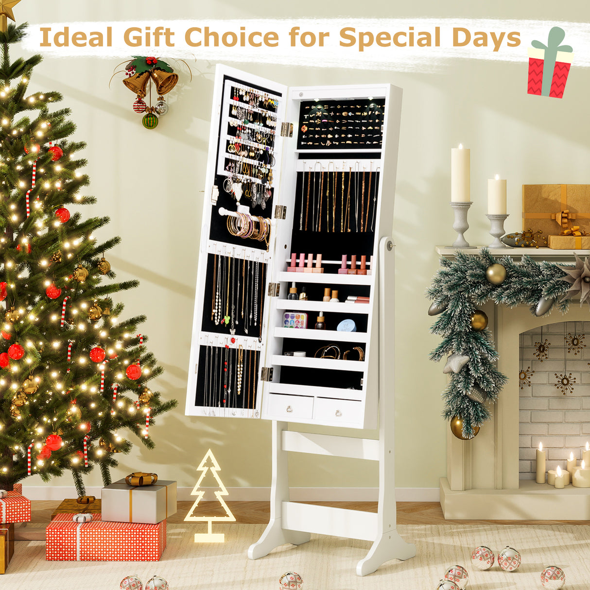 Lockable Freestanding Jewelry Cabinet Armoire with Full-Length Mirror and Lights-White