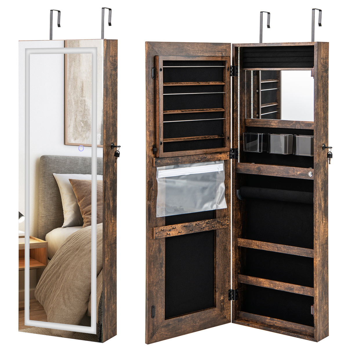42.5 Inches Lockable Jewelry Mirror Wall Cabinet with 3-Color LED Lights-Rustic Brown