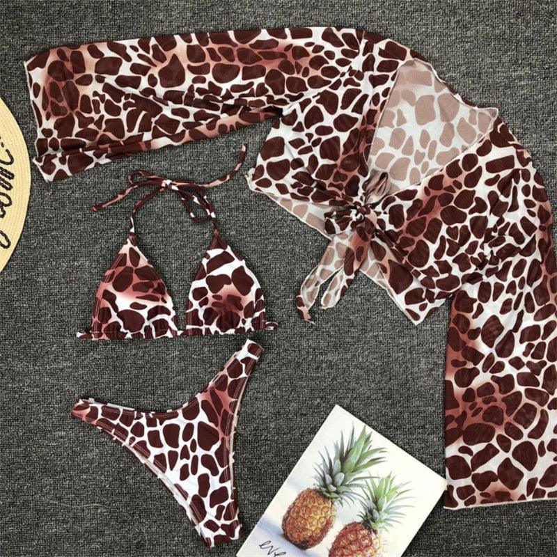 Long Sleeve Mesh Bikini Swimwear Women Three Pieces Leopard Swimsuit Female Summer Bathing Suit Brazilian 3 Pieces Set Knot Front Off Shoulder Cover Up with Halter Bikini Sets Bathing Suit