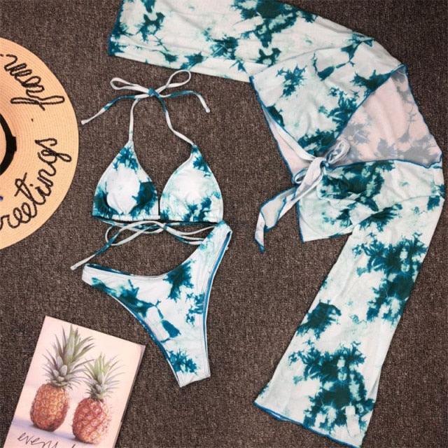 Long Sleeve Mesh Bikini Swimwear Women Three Pieces Leopard Swimsuit Female Summer Bathing Suit Brazilian 3 Pieces Set Knot Front Off Shoulder Cover Up with Halter Bikini Sets Bathing Suit