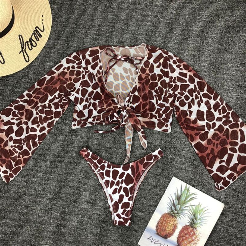 Long Sleeve Mesh Bikini Swimwear Women Three Pieces Leopard Swimsuit Female Summer Bathing Suit Brazilian 3 Pieces Set Knot Front Off Shoulder Cover Up with Halter Bikini Sets Bathing Suit