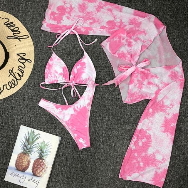 Long Sleeve Mesh Bikini Swimwear Women Three Pieces Leopard Swimsuit Female Summer Bathing Suit Brazilian 3 Pieces Set Knot Front Off Shoulder Cover Up with Halter Bikini Sets Bathing Suit
