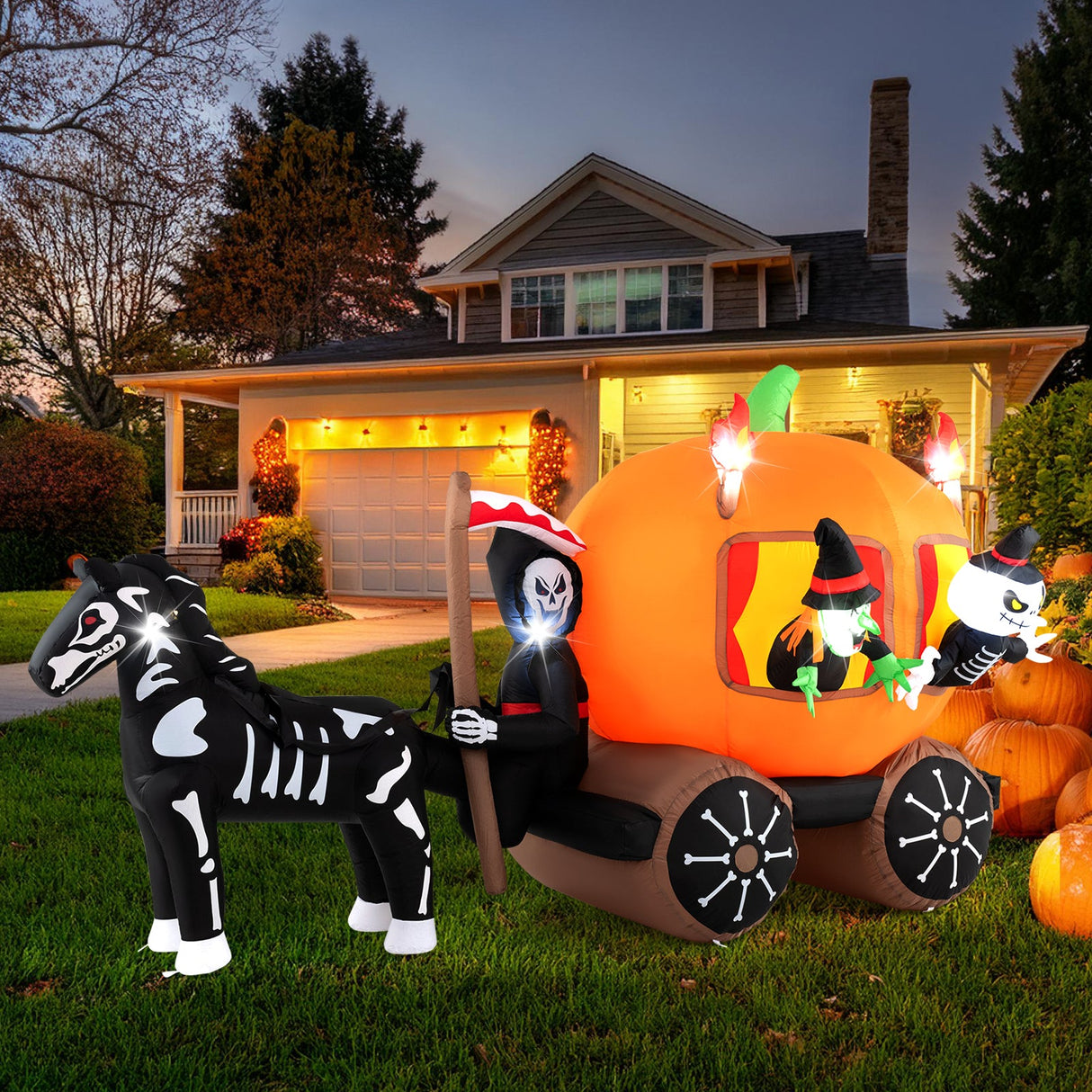 10.2 Feet Long Halloween Inflatable Carriage with Pumpkin and 2 Ghosts by DirectDeals