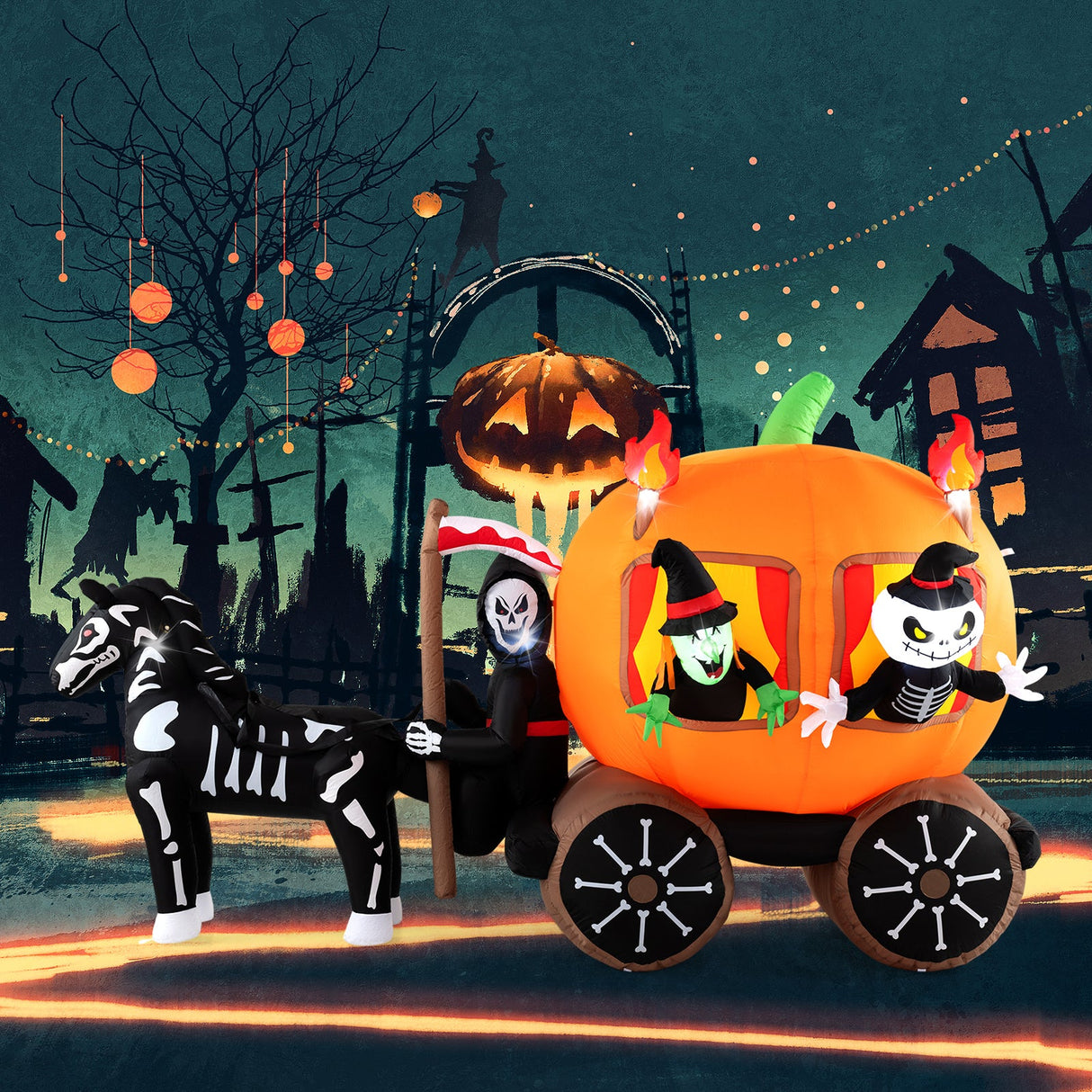 10.2 Feet Long Halloween Inflatable Carriage with Pumpkin and 2 Ghosts by DirectDeals