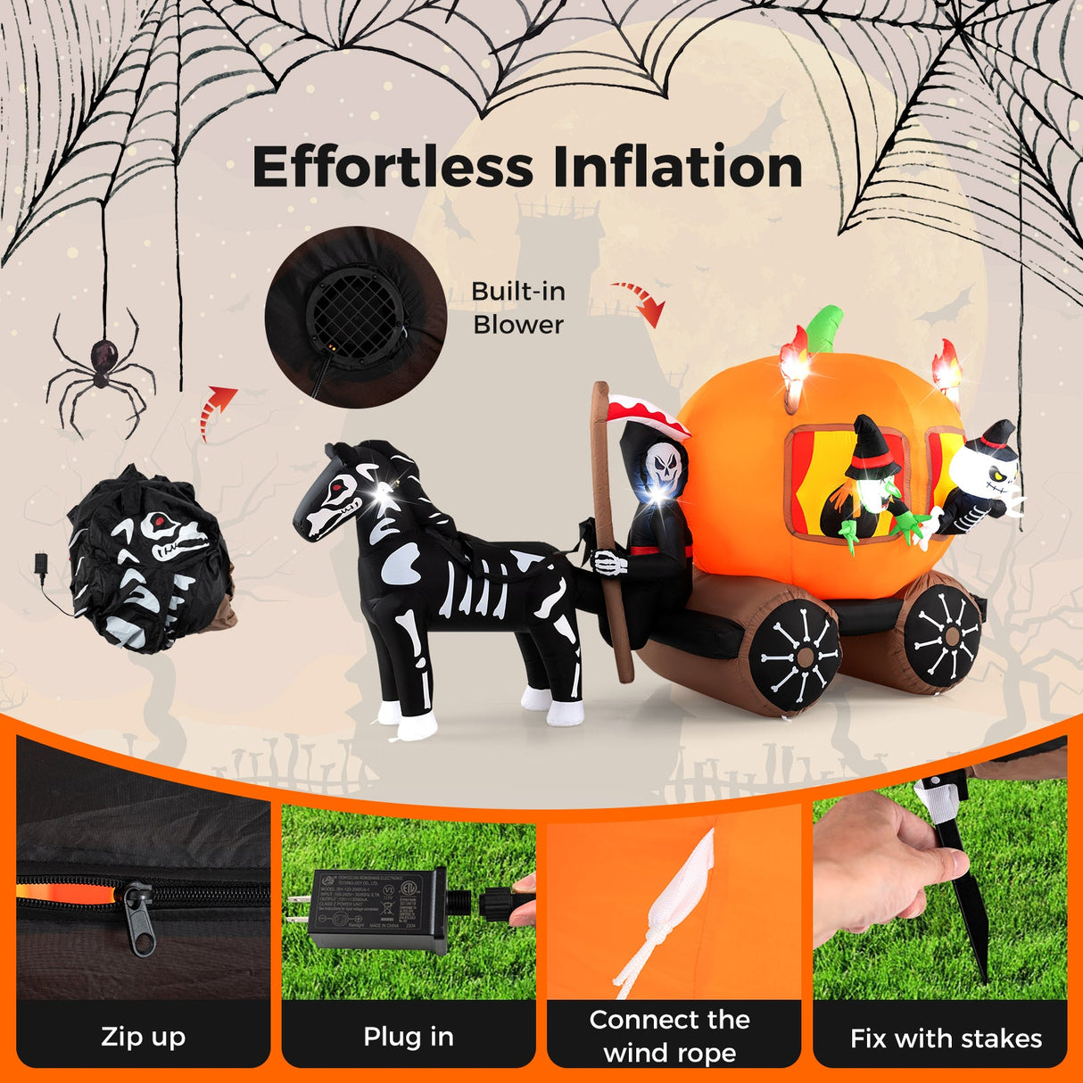 10.2 Feet Long Halloween Inflatable Carriage with Pumpkin and 2 Ghosts by DirectDeals