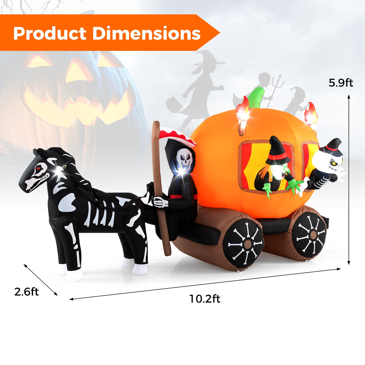 10.2 Feet Long Halloween Inflatable Carriage with Pumpkin and 2 Ghosts by DirectDeals