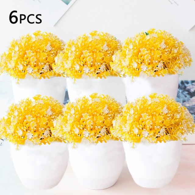 Love Art Set of 6 Small Artificial Decor Bonsai Potted Plastic Fake Flowers for Home Garden Office Desk Wall Book Shelf Decor Room Hotel Decor