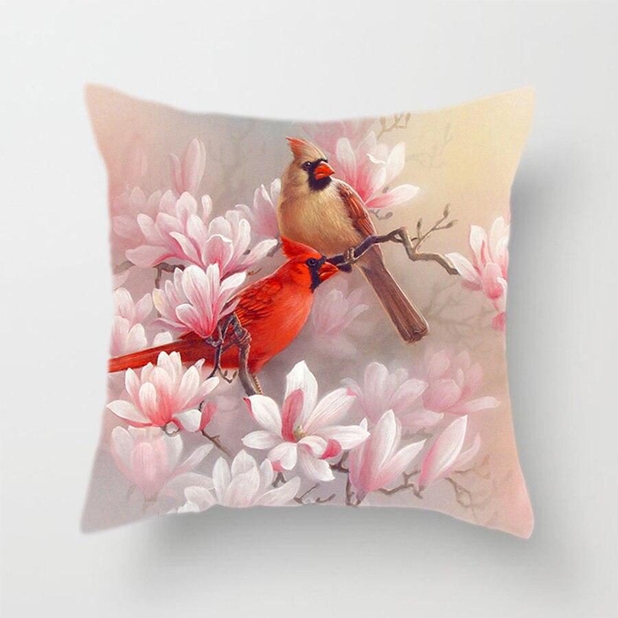 Lovely Bird Polyester Cotton Cushion Cover Bird On The Tree Accent Decorative Throw Pillow Case Hand Painted Cushion Cover Cute Bird Pillow Shells Flower Pattern Pillow Covers Decorative For Sofa Bed Living Room Luxury New Stylish Pillows 45x45cm