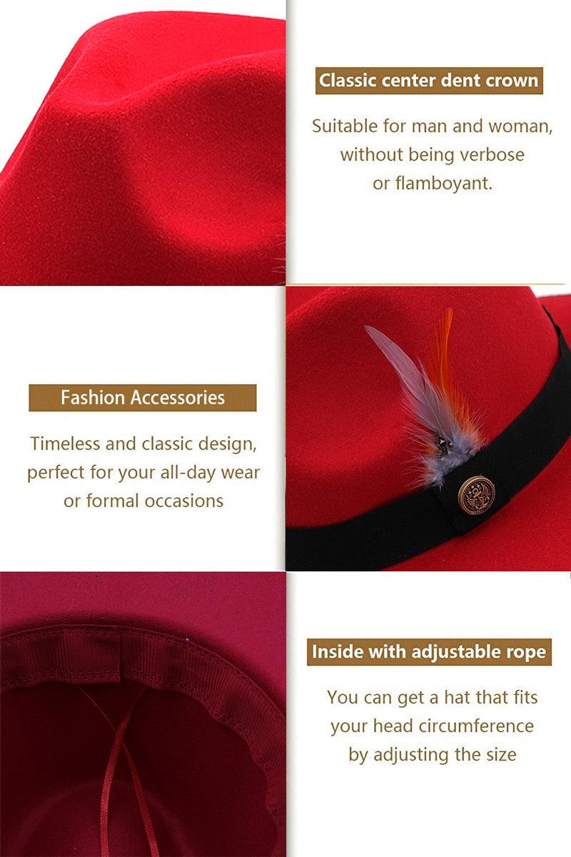 Luxurious Unique Couple Hats Wide Brim Fedora Hat Winter Autumn Trendy Fedora Hat Women Black Red Wedding Hat With Feather Belts For Hats Men Beautiful Gentleman Elegant Classical Hat