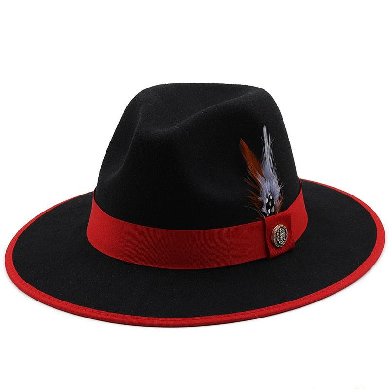 Luxurious Unique Couple Hats Wide Brim Fedora Hat Winter Autumn Trendy Fedora Hat Women Black Red Wedding Hat With Feather Belts For Hats Men Beautiful Gentleman Elegant Classical Hat