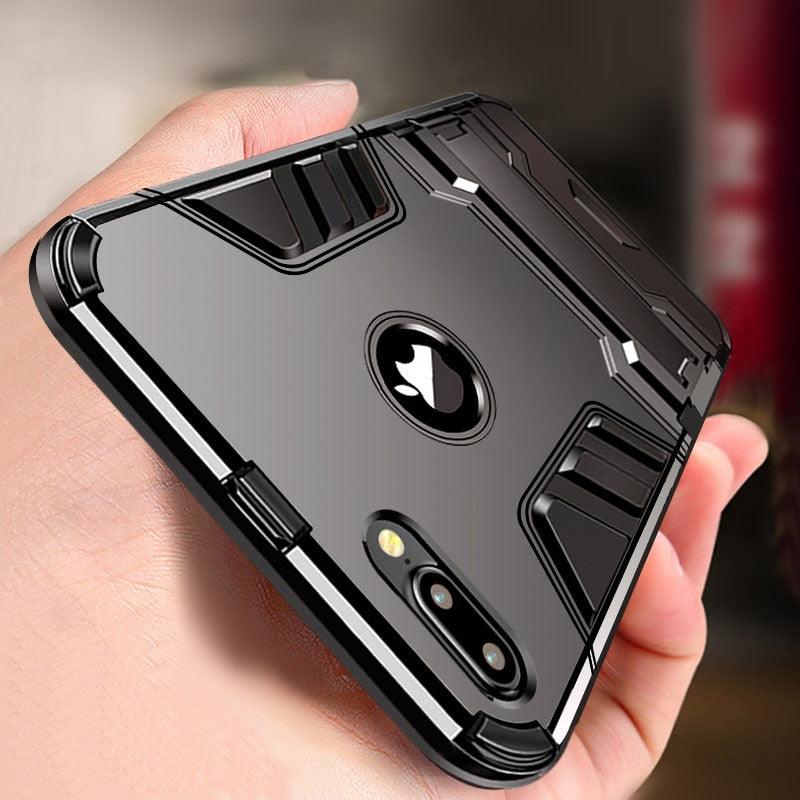 Luxury Black Cool Armor Case For iPhone 8 7 6 6S Plus 5 5s Shockproof Case For iPhone X XS MAX XR Stand Cover Case Heavy Duty Shockproof Armor Dual Layer Protection Back Case Cover