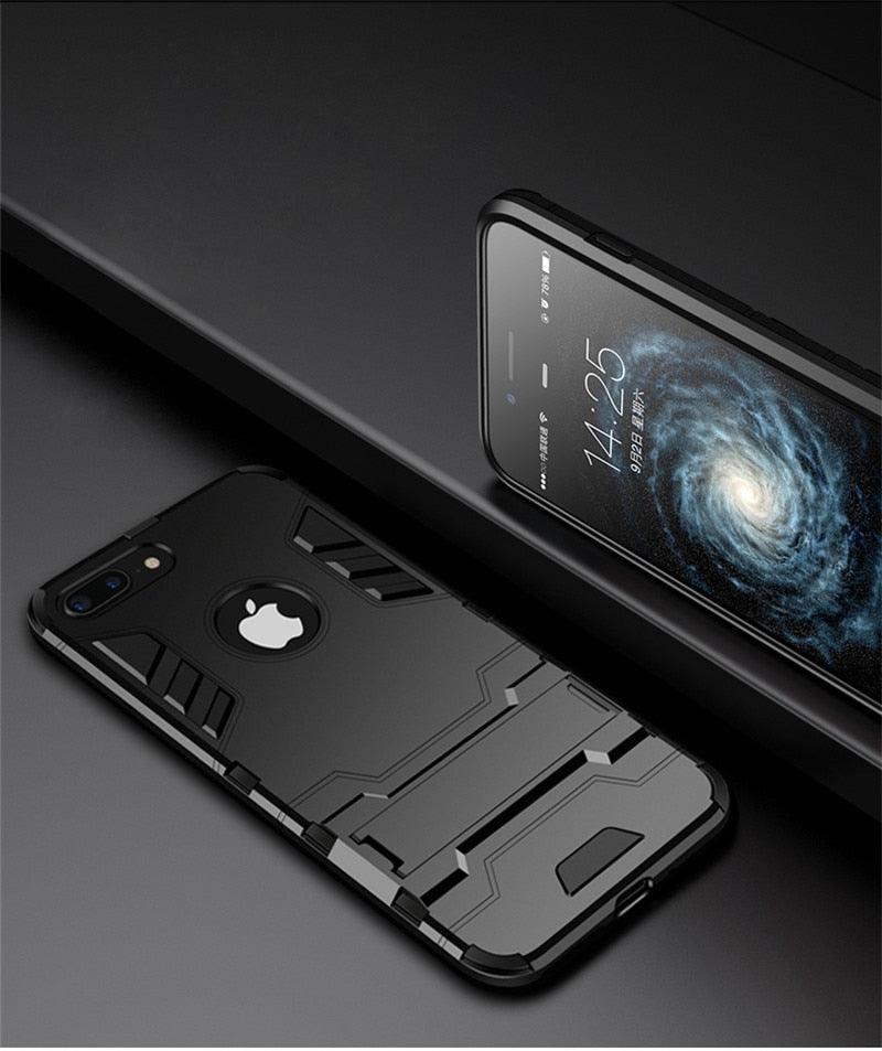 Luxury Black Cool Armor Case For iPhone 8 7 6 6S Plus 5 5s Shockproof Case For iPhone X XS MAX XR Stand Cover Case Heavy Duty Shockproof Armor Dual Layer Protection Back Case Cover