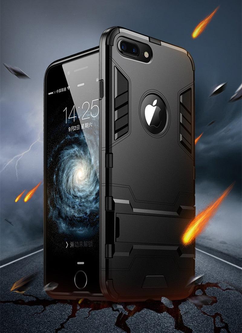 Luxury Black Cool Armor Case For iPhone 8 7 6 6S Plus 5 5s Shockproof Case For iPhone X XS MAX XR Stand Cover Case Heavy Duty Shockproof Armor Dual Layer Protection Back Case Cover