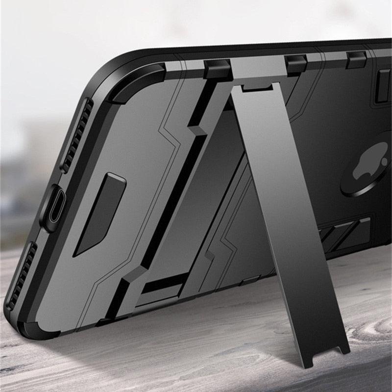 Luxury Black Cool Armor Case For iPhone 8 7 6 6S Plus 5 5s Shockproof Case For iPhone X XS MAX XR Stand Cover Case Heavy Duty Shockproof Armor Dual Layer Protection Back Case Cover