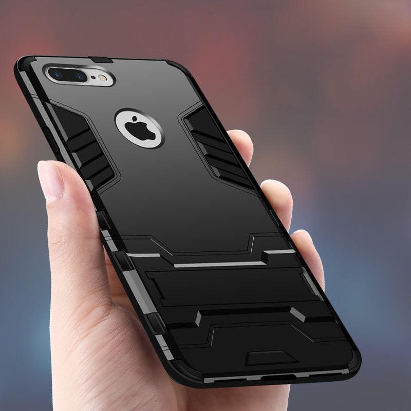 Luxury Black Cool Armor Case For iPhone 8 7 6 6S Plus 5 5s Shockproof Case For iPhone X XS MAX XR Stand Cover Case Heavy Duty Shockproof Armor Dual Layer Protection Back Case Cover