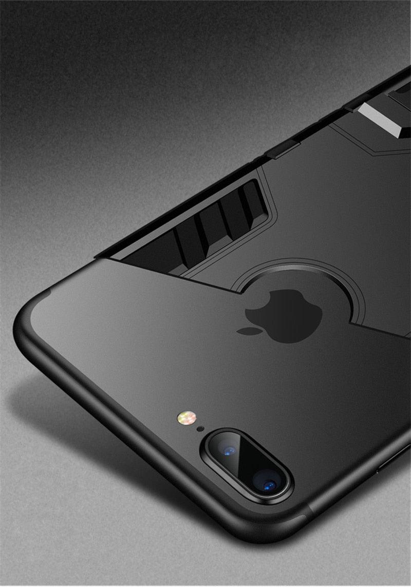 Luxury Black Cool Armor Case For iPhone 8 7 6 6S Plus 5 5s Shockproof Case For iPhone X XS MAX XR Stand Cover Case Heavy Duty Shockproof Armor Dual Layer Protection Back Case Cover