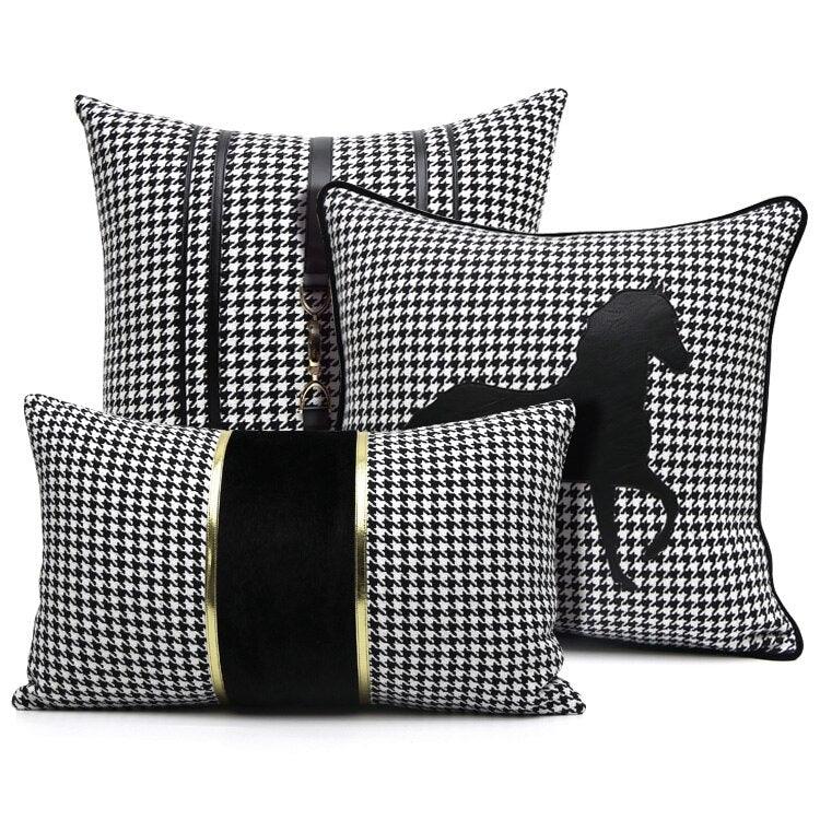 Luxury Black White Houndstooth Gold Leather Stitching Pillow Covers Sofa Decorative Horse Pillow Case Swallow Gird Throw Pillowcases Black Gold PU Leather Polyester Splicing Cushion Covers Well Made Classic Pattern